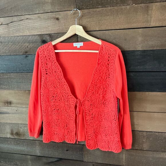 Joseph A Bright Orange Floral Tie Front Cardigan Sweater - Picture 8 of 10